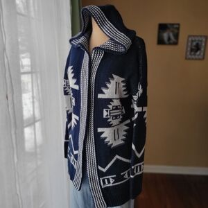 Hippie Rose Navy Blue & White Aztec Hooded Cardigan Sweater, Size Large